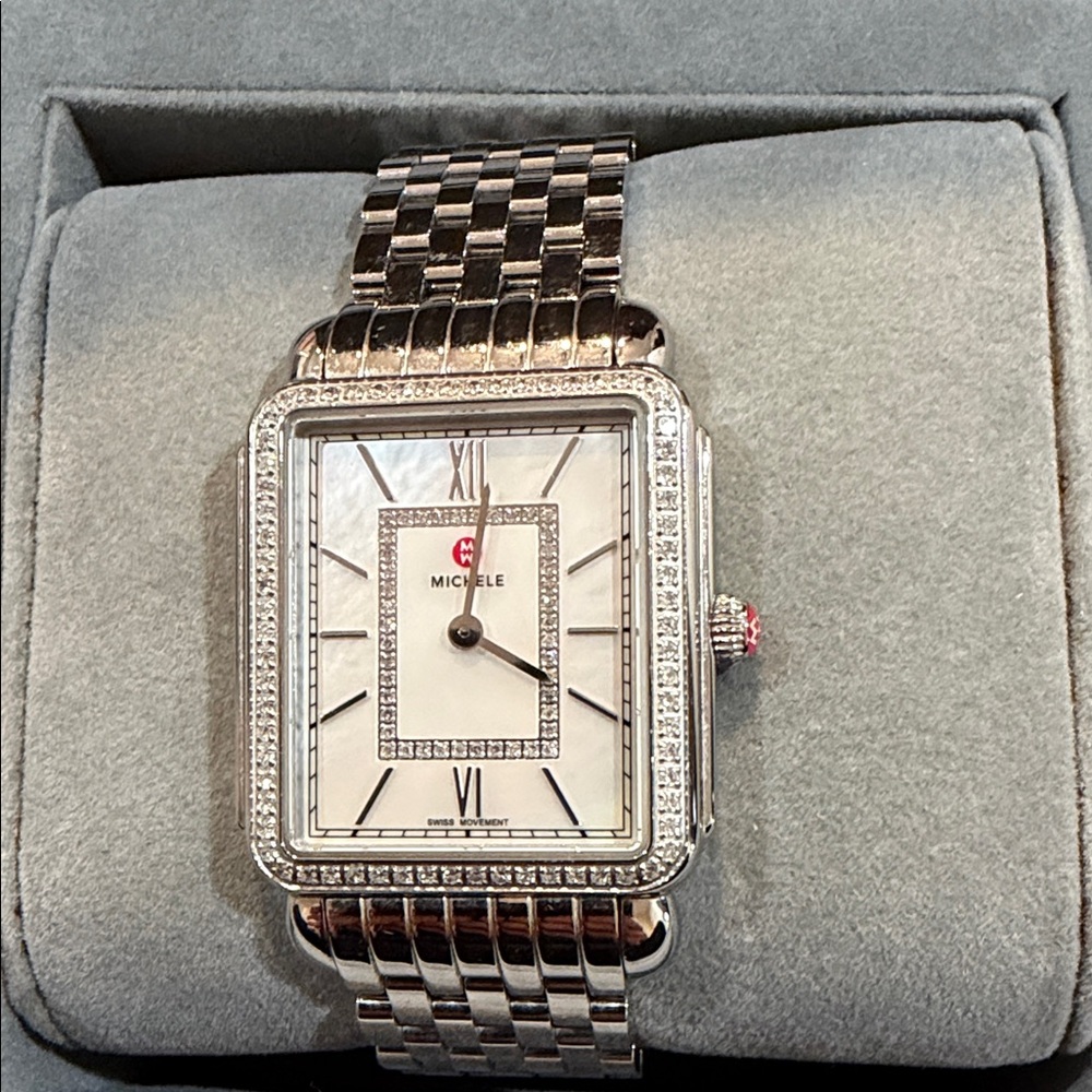 Michele Silver Watch with Crystal Accents